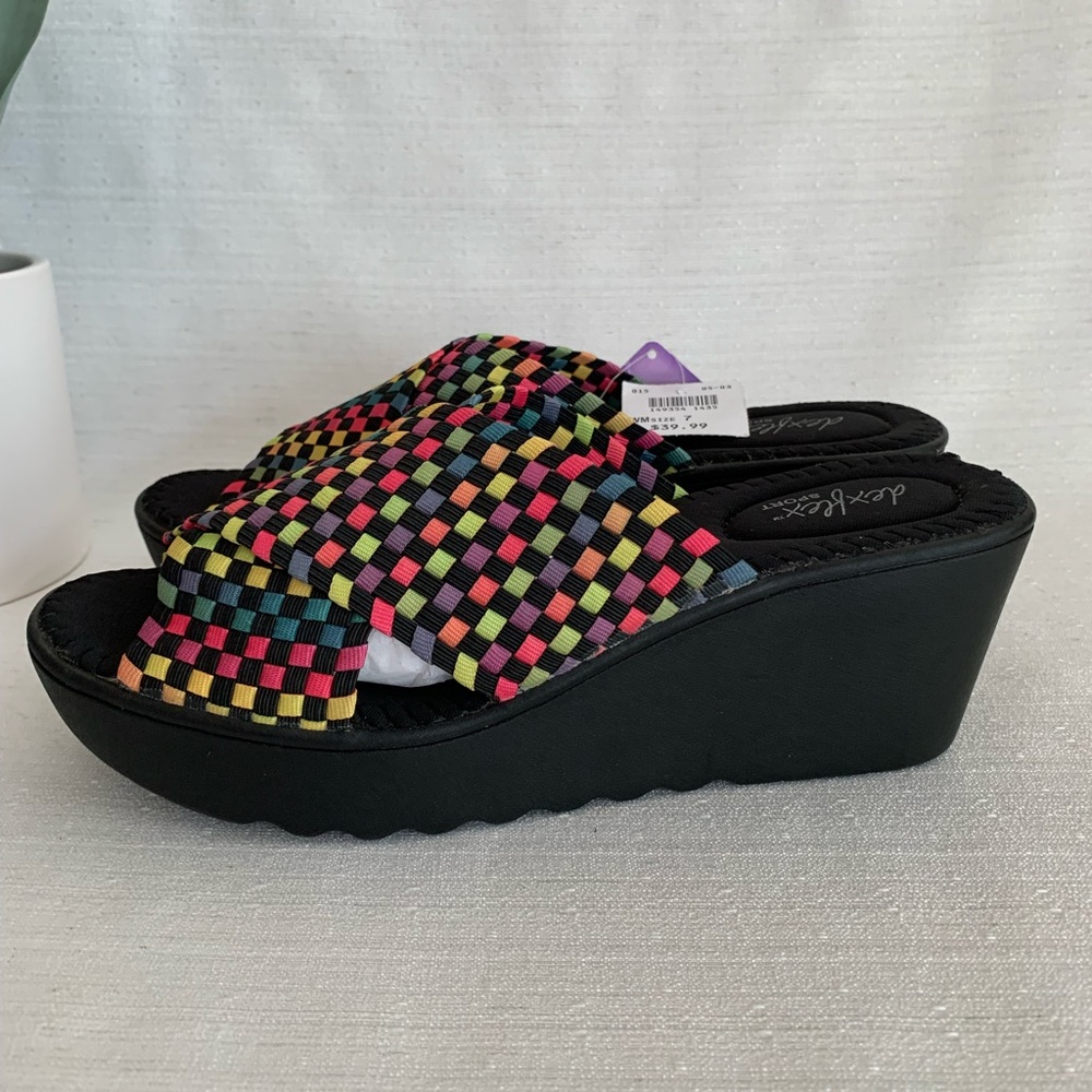 NWT Dexflex Rainbow Check Stretch Chunky Platform Wedge Sandals Woman’s 7 - Picture 5 of 11